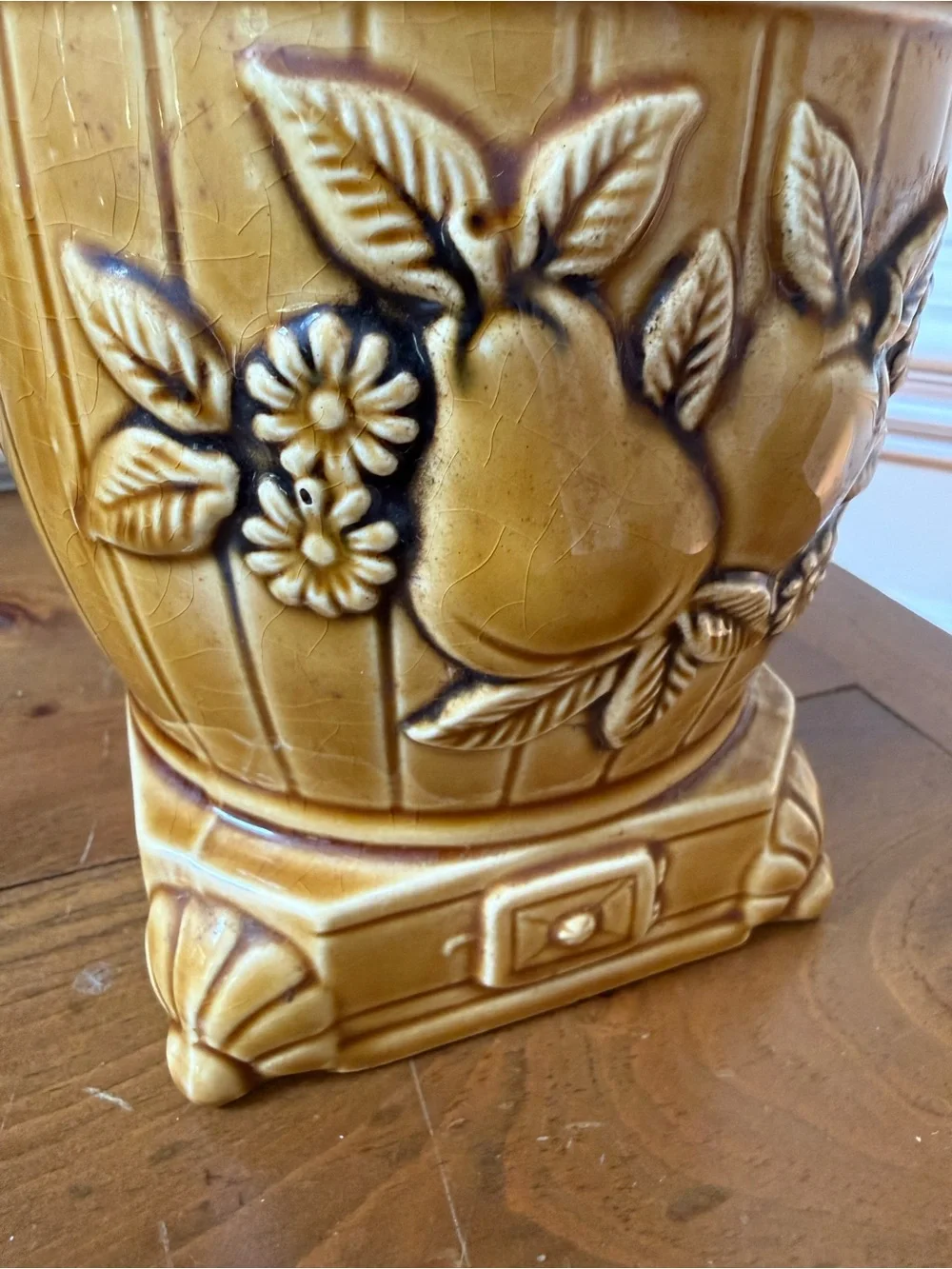 Vintage 1970s Marigold Ceramic pot-belly stove Canister with Fruit and Tea Motif